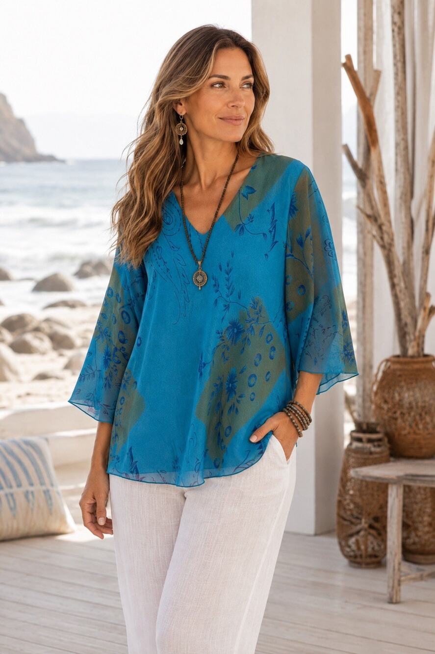 Vintage Venee Newyork Tunic Top Luxury Minimalist Boho Coastal Flowy Artsy Teal